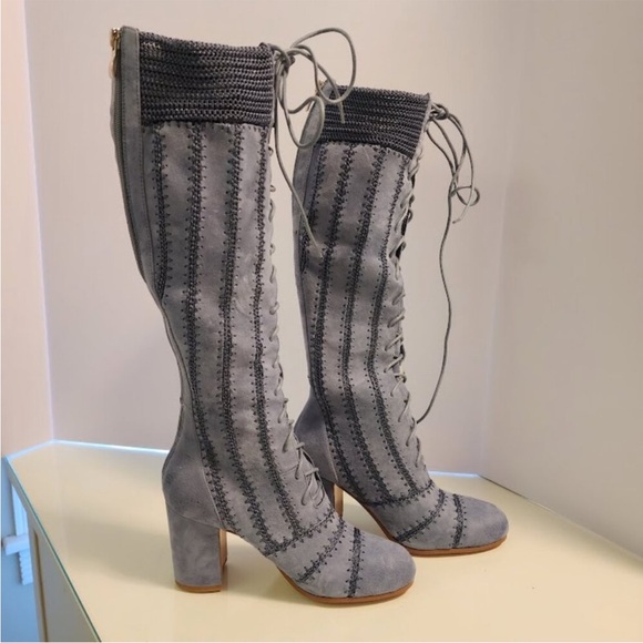 Free People × Silent D Blaire Lace-Up Boots Light Grey Blue Suede - Picture 3 of 12